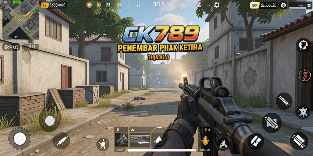 Screenshot utama CK789 menampilkan aksi penembakan seru dalam lingkungan yang detail.