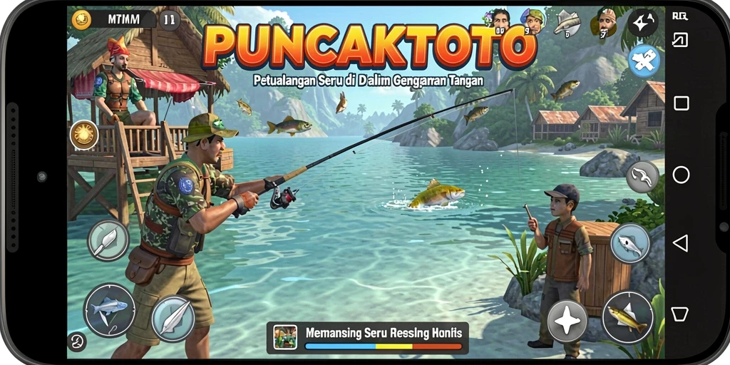 Screenshot PUNCAKTOTO menampilkan aksi memancing yang mendebarkan di lokasi indah.