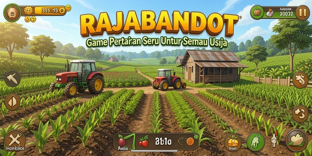 Tampilan menarik dari gameplay RAJABANDOT yang menampilkan pertanian yang aktif.