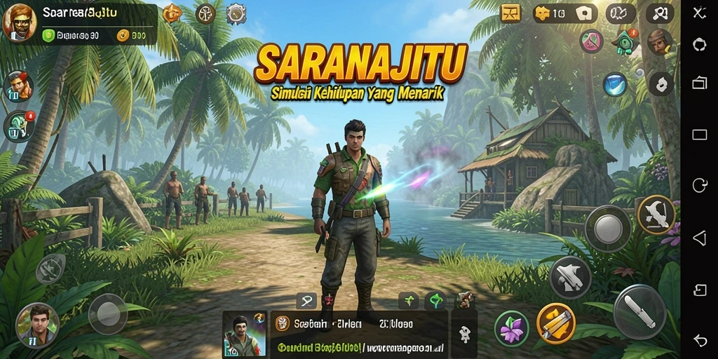 Tampilan gameplay SARANAJITU dengan aktivitas simulasi kehidupan.